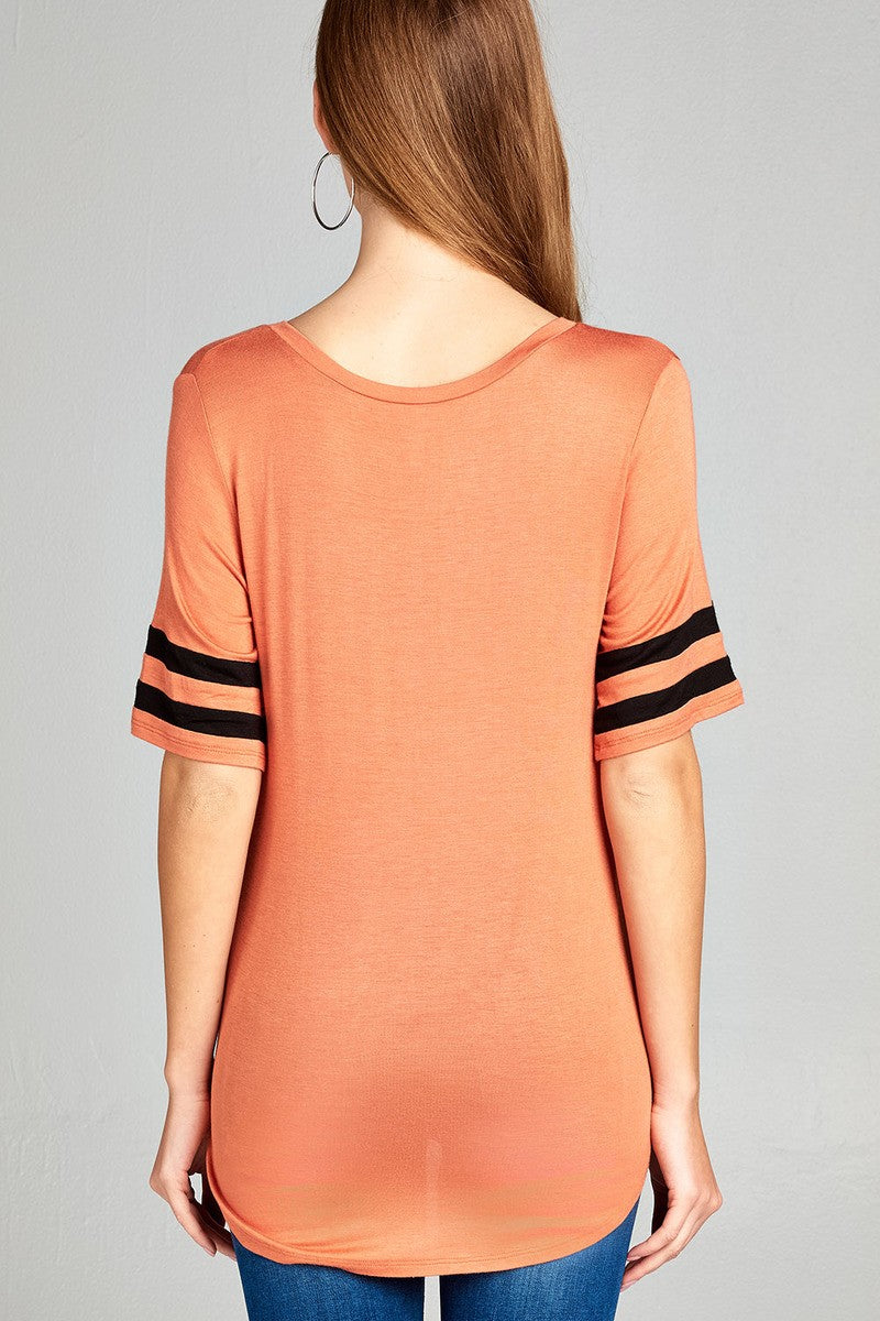 Ladies fashion short double stripe sleeve v-neck rayon spandex top
