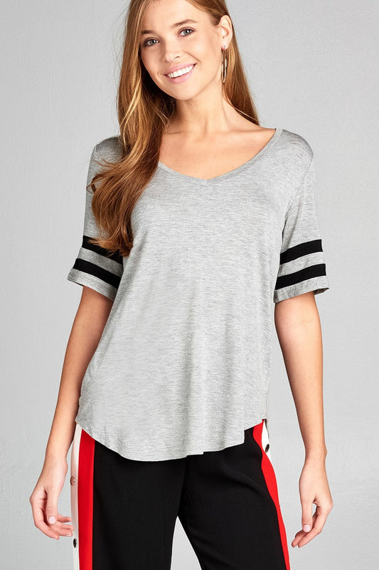 Ladies fashion short double stripe sleeve v-neck rayon spandex top