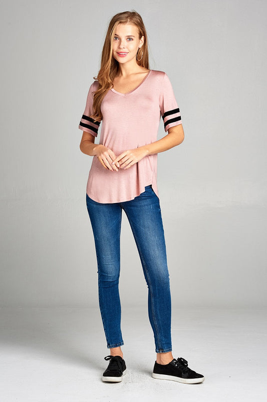 Ladies fashion short double stripe sleeve v-neck rayon spandex top