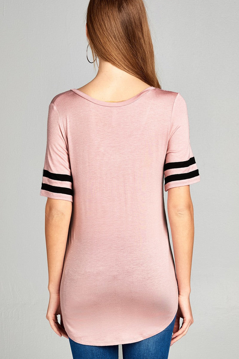 Ladies fashion short double stripe sleeve v-neck rayon spandex top