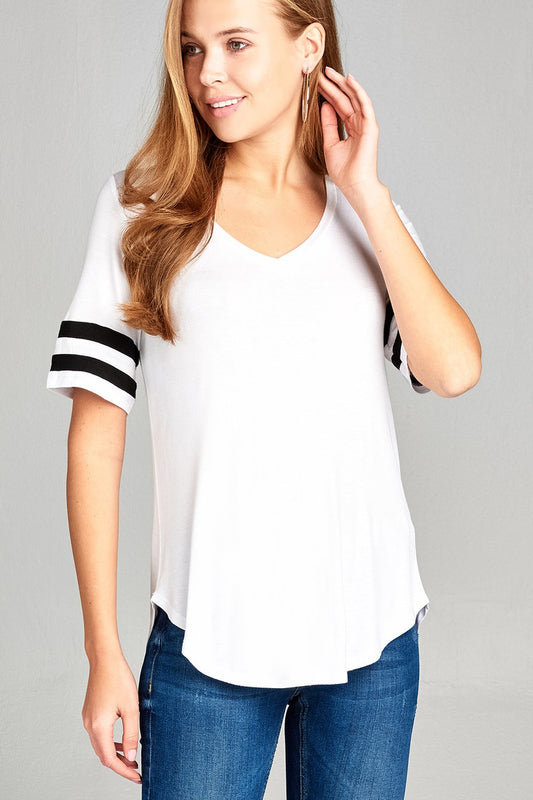 Ladies fashion short double stripe sleeve v-neck rayon spandex top