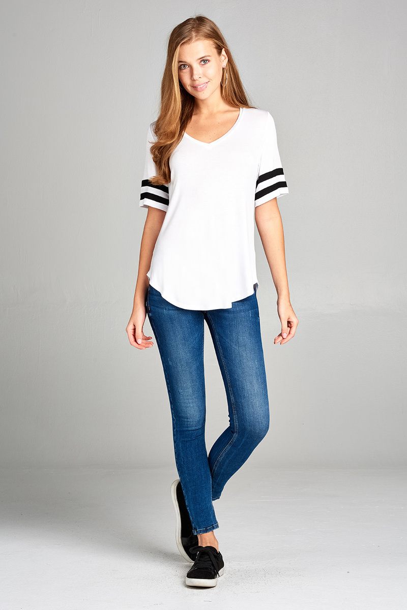 Ladies fashion short double stripe sleeve v-neck rayon spandex top