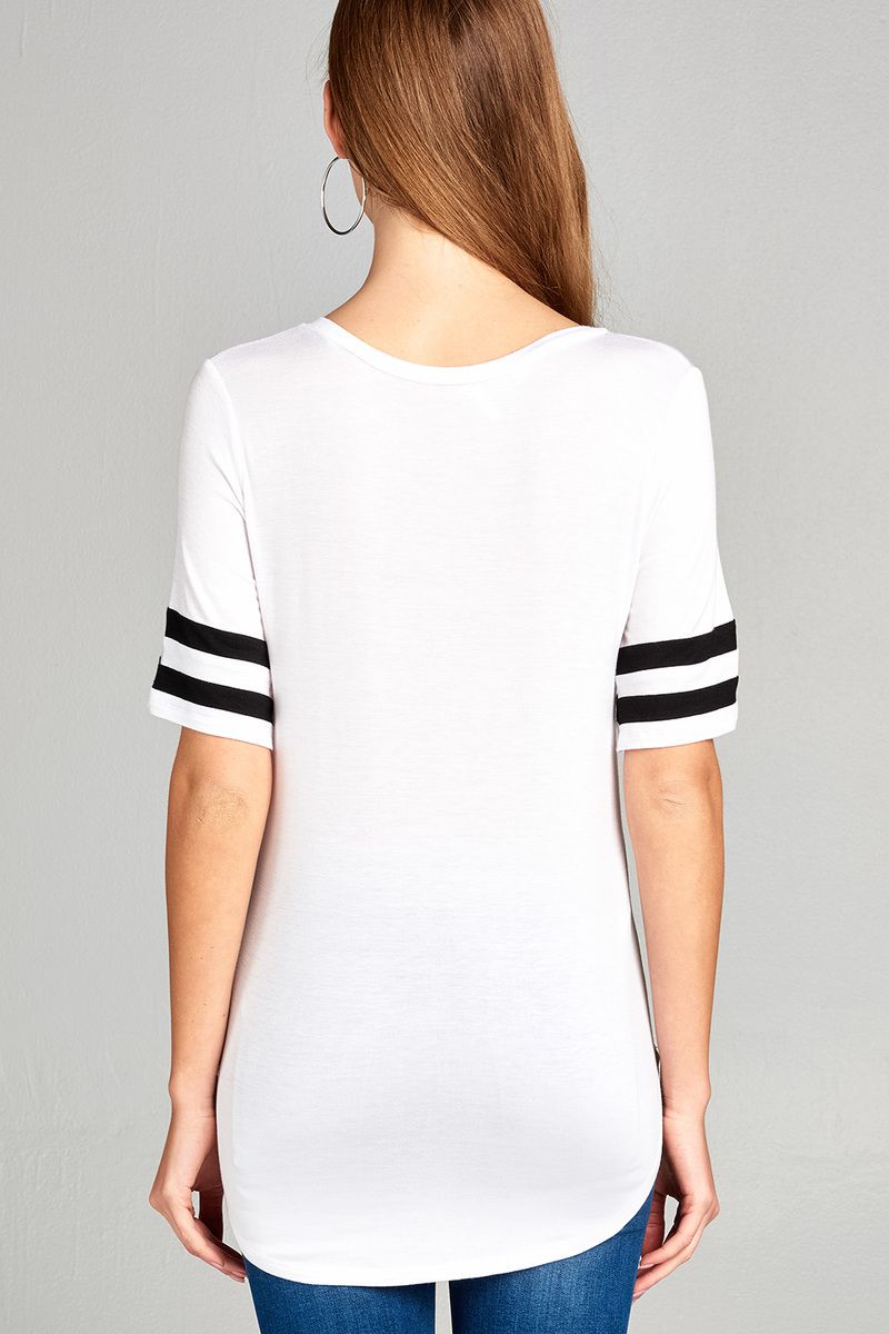 Ladies fashion short double stripe sleeve v-neck rayon spandex top