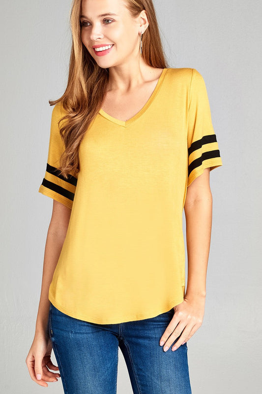 Ladies fashion short double stripe sleeve v-neck rayon spandex top