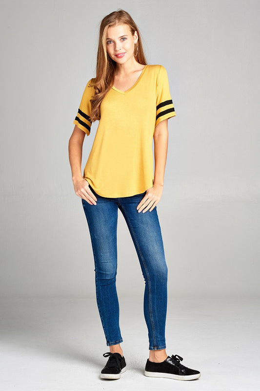 Ladies fashion short double stripe sleeve v-neck rayon spandex top