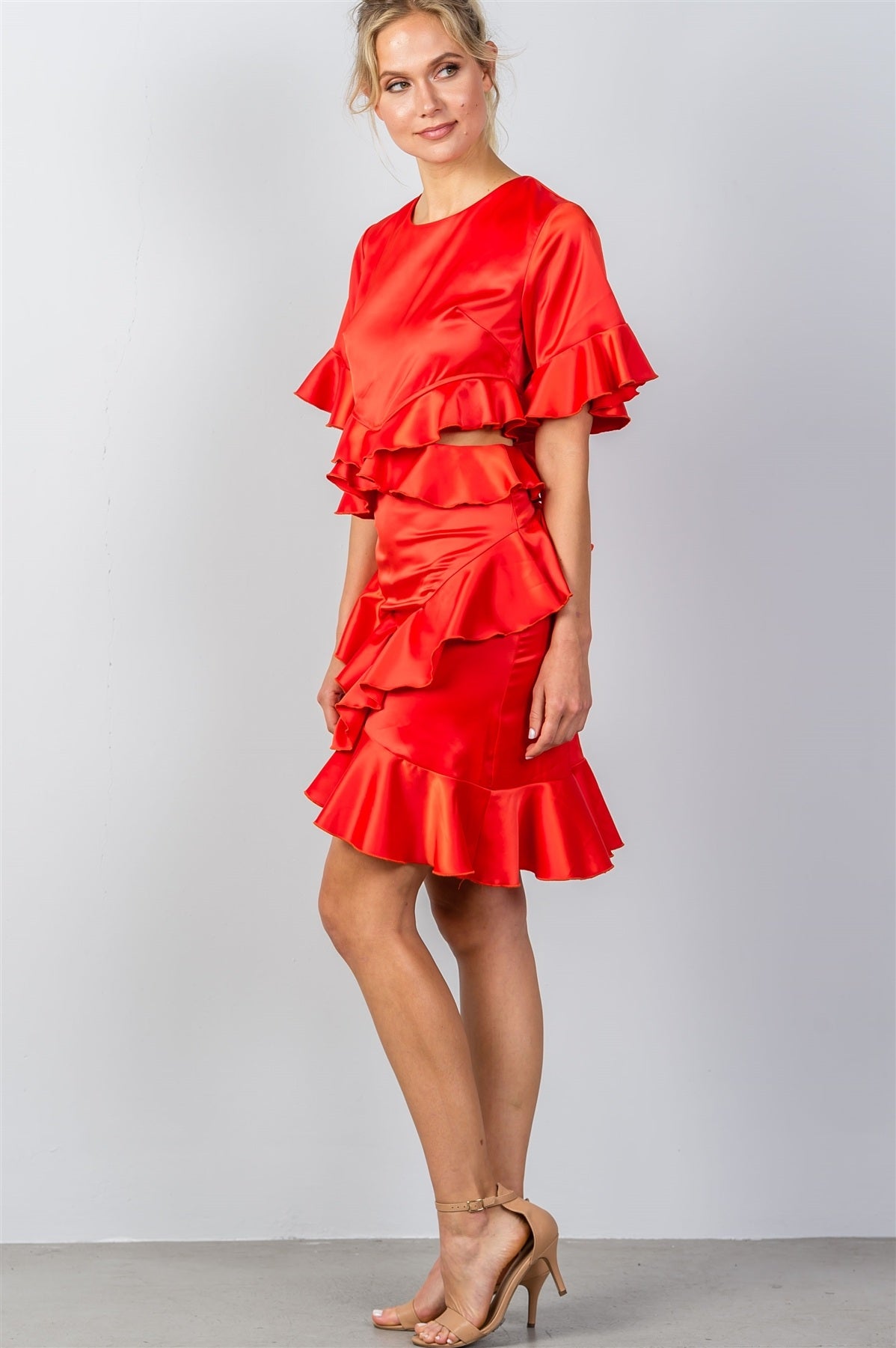 Ladies fashion bow tie back cut-out ruffle midi dress