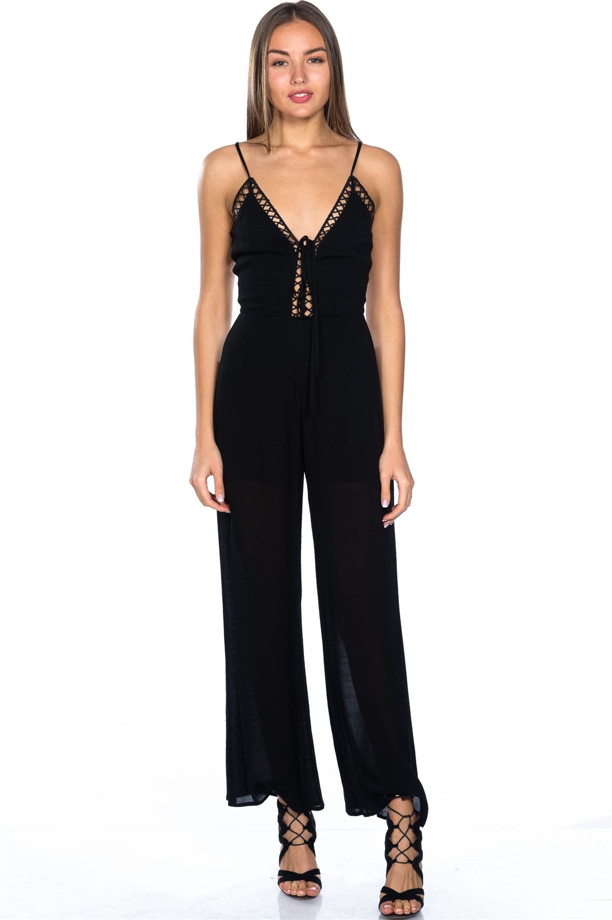 Ladies fashion lattice plunge cage jumpsuit