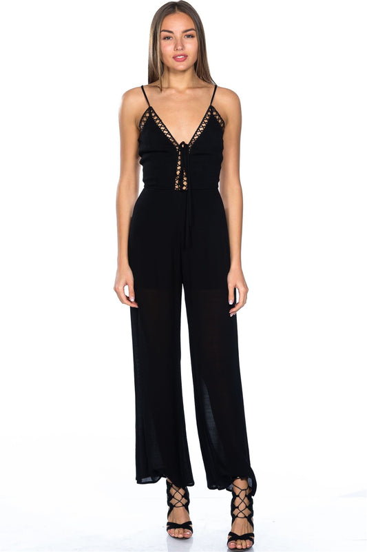 Ladies fashion lattice plunge cage jumpsuit