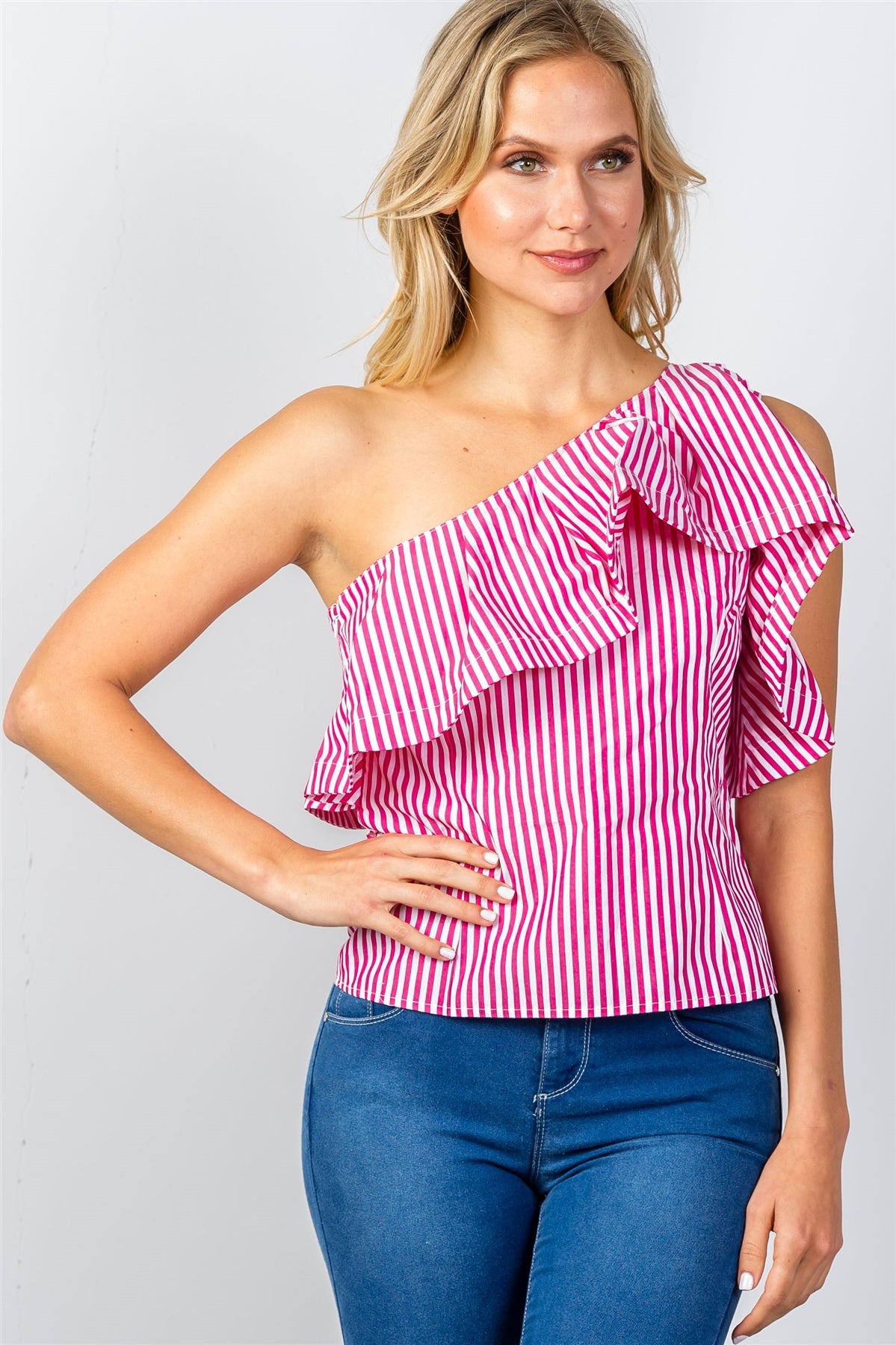Ladies fashion pink vertical striped one shoulder ruffle trim top