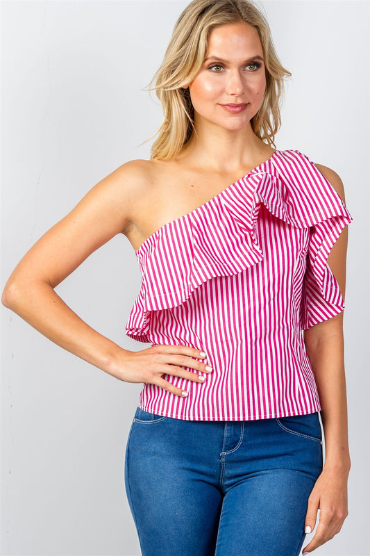 Ladies fashion pink vertical striped one shoulder ruffle trim top