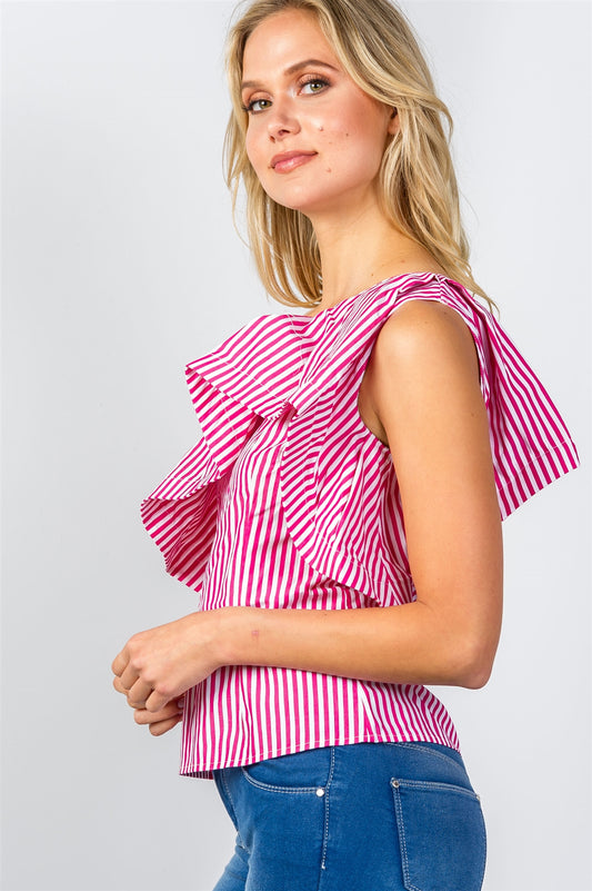 Ladies fashion pink vertical striped one shoulder ruffle trim top