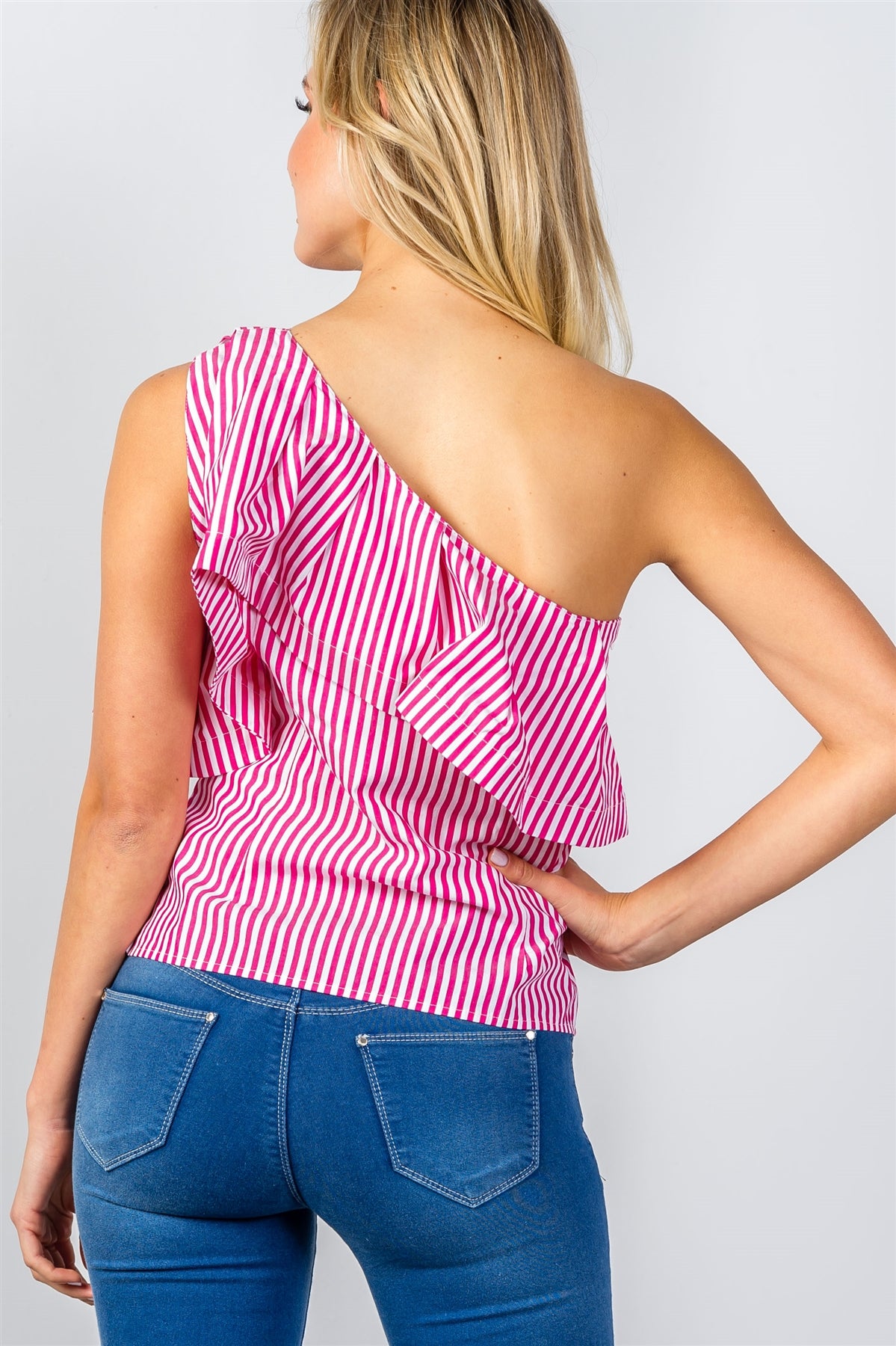 Ladies fashion pink vertical striped one shoulder ruffle trim top