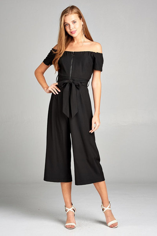 Ladies fashion short sleeve off the shoulder front zipper w/self tie belt wide leg jumpsuit