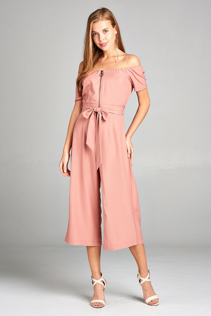 Ladies fashion short sleeve off the shoulder front zipper w/self tie belt wide leg jumpsuit