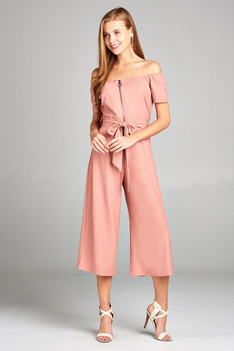 Ladies fashion short sleeve off the shoulder front zipper w/self tie belt wide leg jumpsuit