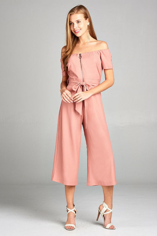Ladies fashion short sleeve off the shoulder front zipper w/self tie belt wide leg jumpsuit