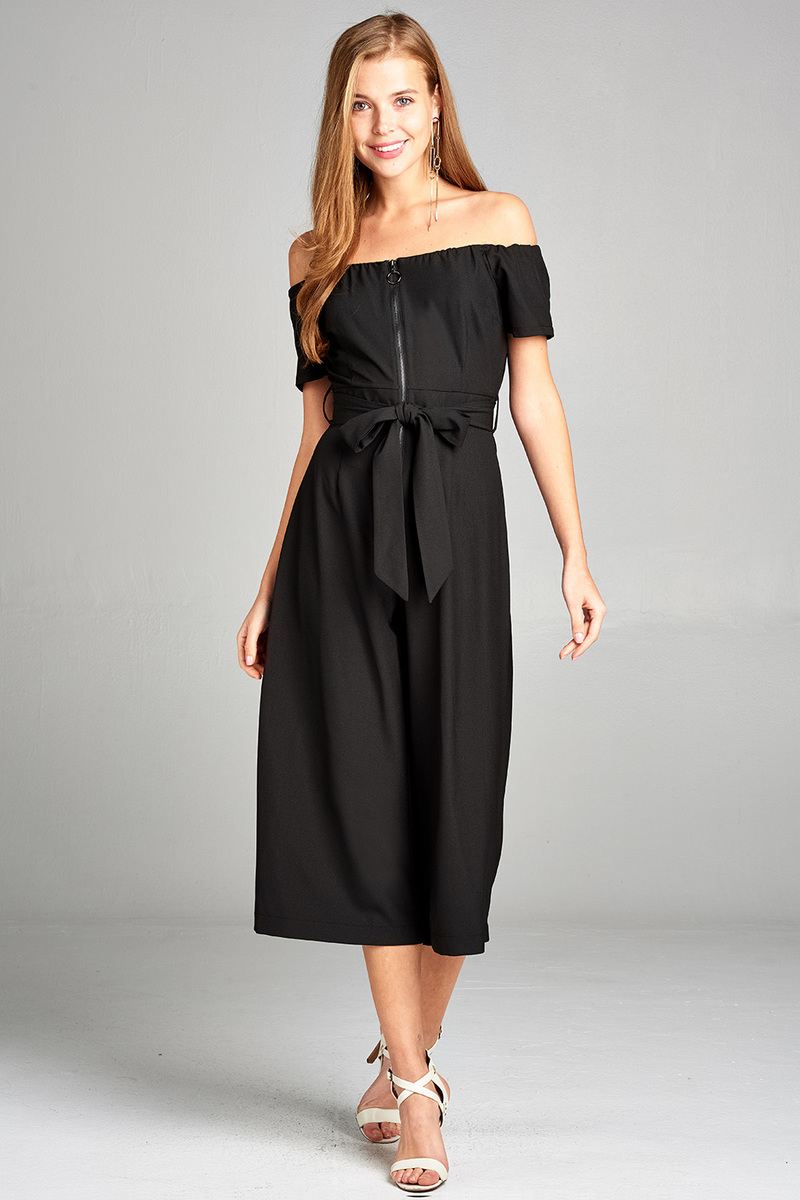 Ladies fashion short sleeve off the shoulder front zipper w/self tie belt wide leg jumpsuit