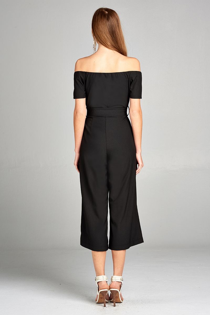 Ladies fashion short sleeve off the shoulder front zipper w/self tie belt wide leg jumpsuit