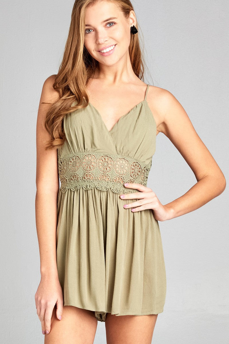Ladies fashion v-neck wrap halter neck and open back crochet lace detail romper