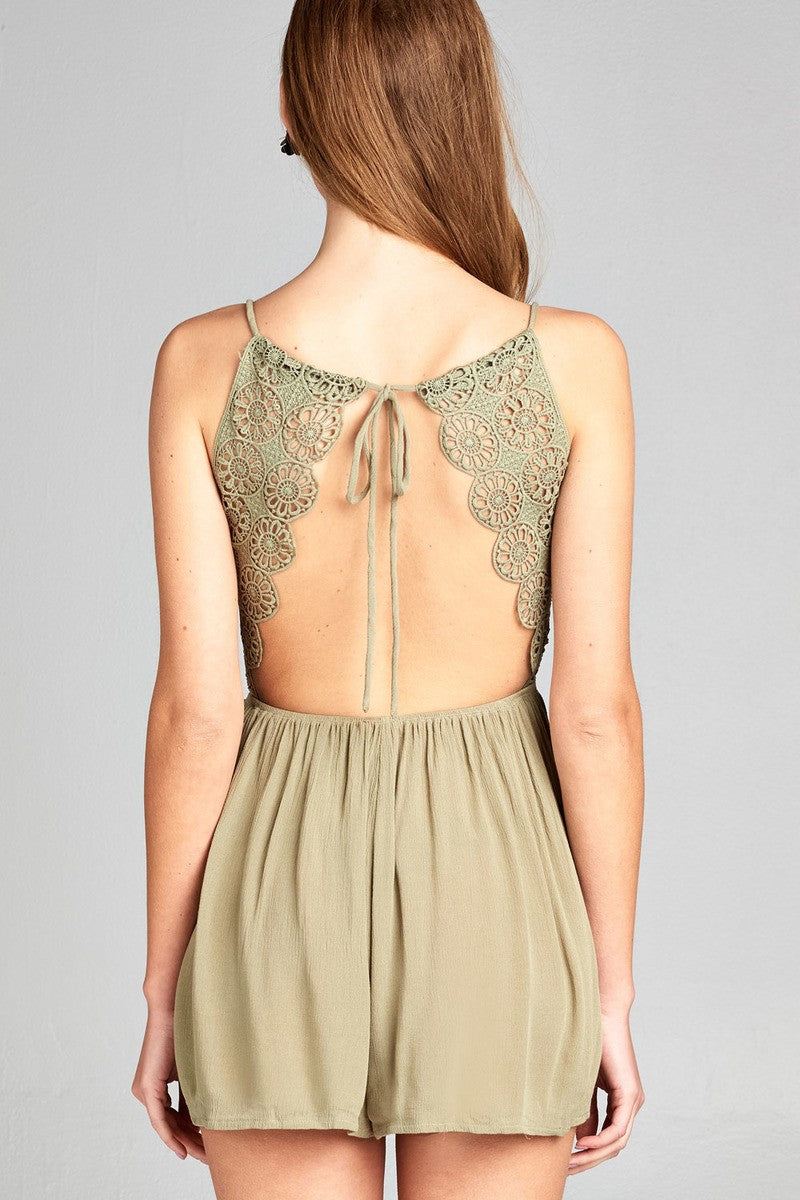 Ladies fashion v-neck wrap halter neck and open back crochet lace detail romper