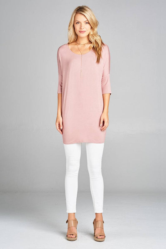 Ladies fashion band elbow sleeve round neck rayon spandex jersey tunic top
