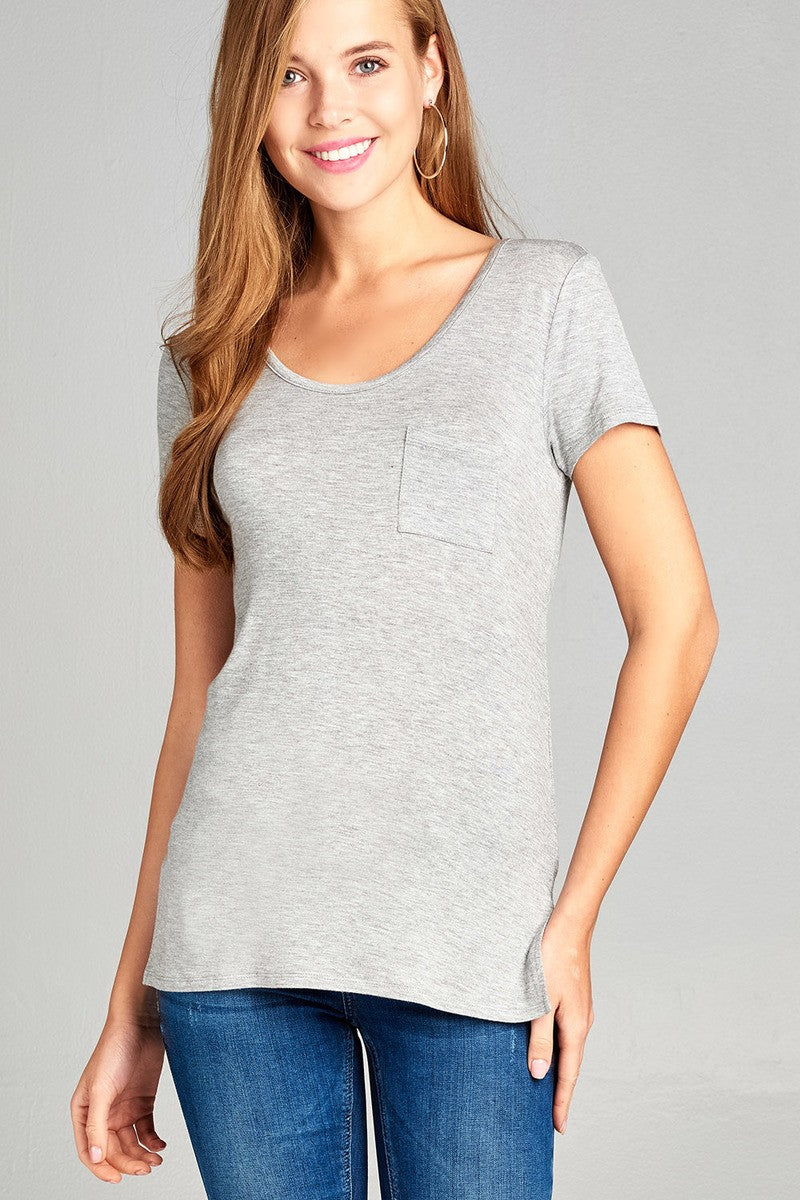 Ladies fashion short sleeve round neck w/back strappy detail rayon spandex top
