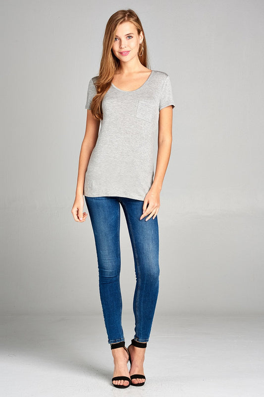 Ladies fashion short sleeve round neck w/back strappy detail rayon spandex top