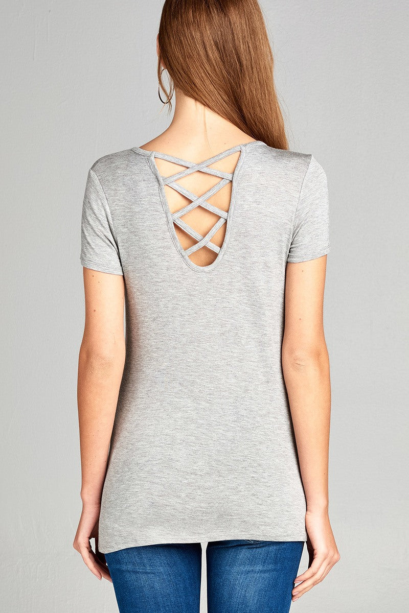 Ladies fashion short sleeve round neck w/back strappy detail rayon spandex top