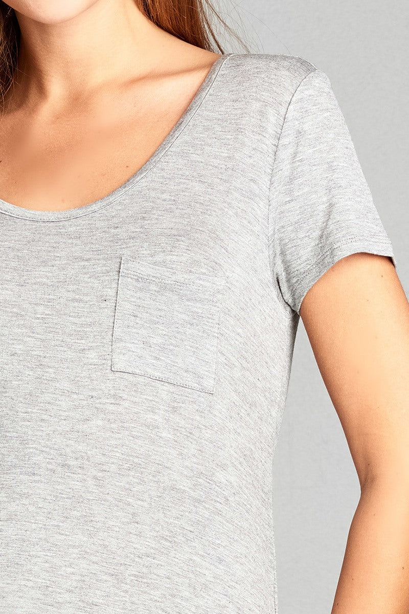 Ladies fashion short sleeve round neck w/back strappy detail rayon spandex top