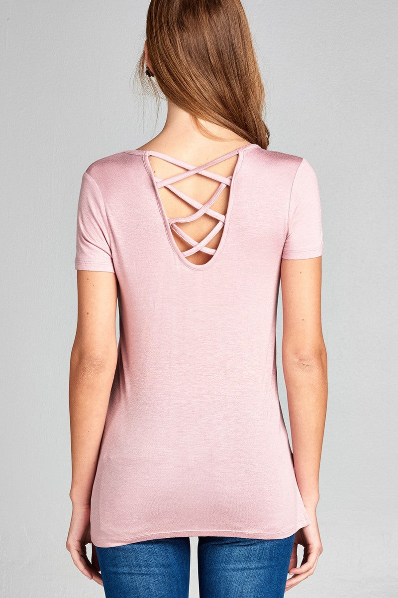 Ladies fashion short sleeve round neck w/back strappy detail rayon spandex top