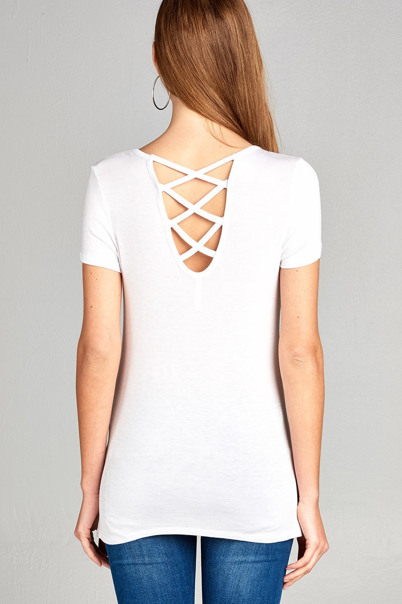 Ladies fashion short sleeve round neck w/back strappy detail rayon spandex top