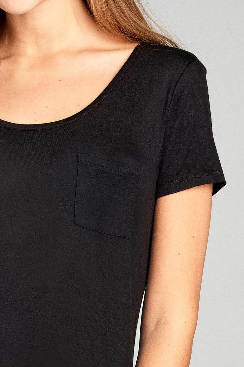Ladies fashion short sleeve round neck w/back strappy detail rayon spandex top