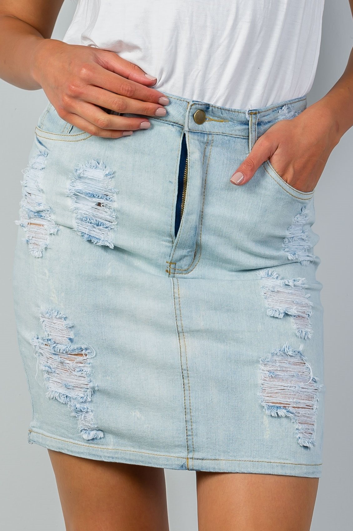 Ladies fashion  light blue distressed denim skirt