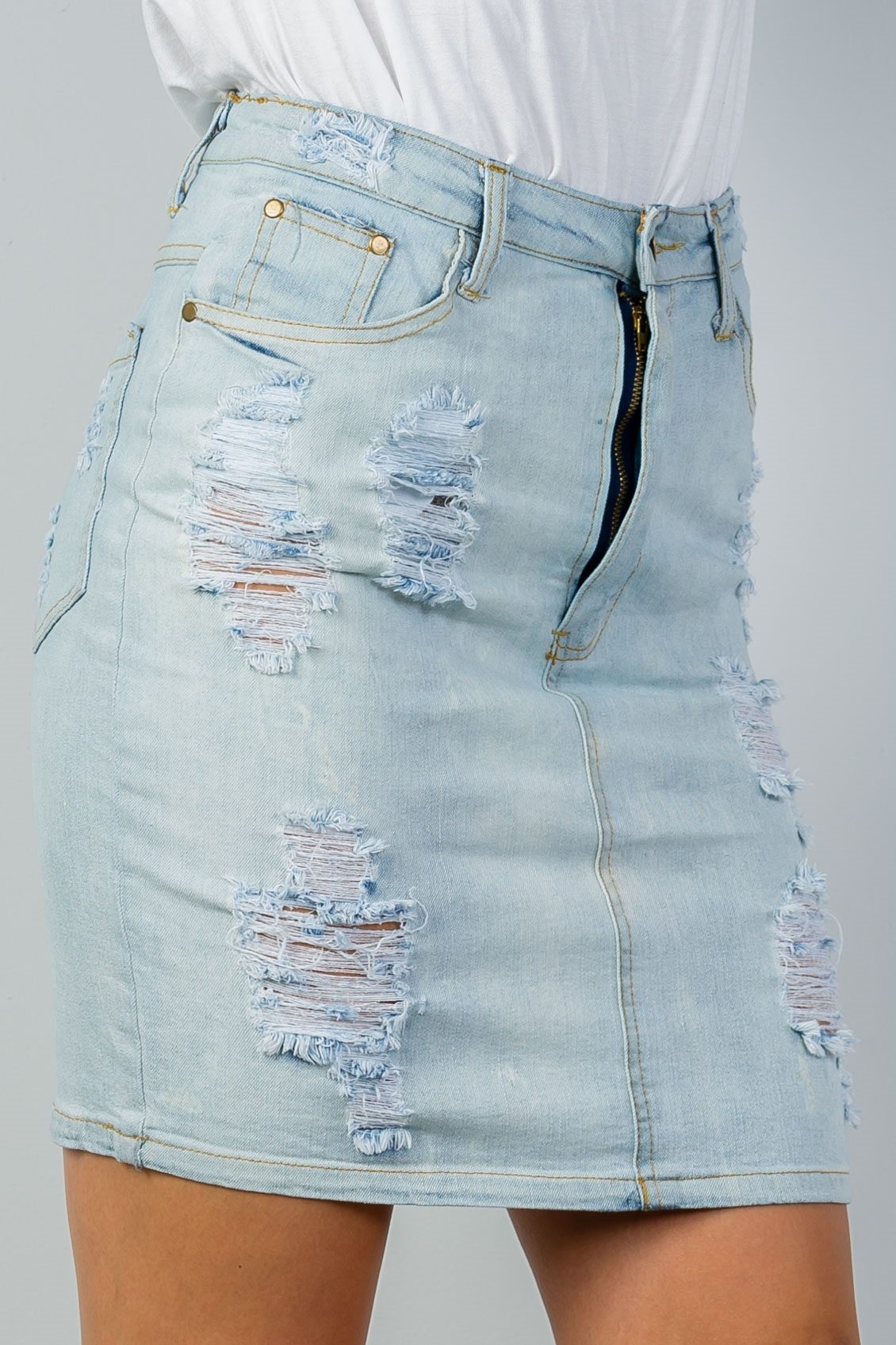 Ladies fashion  light blue distressed denim skirt