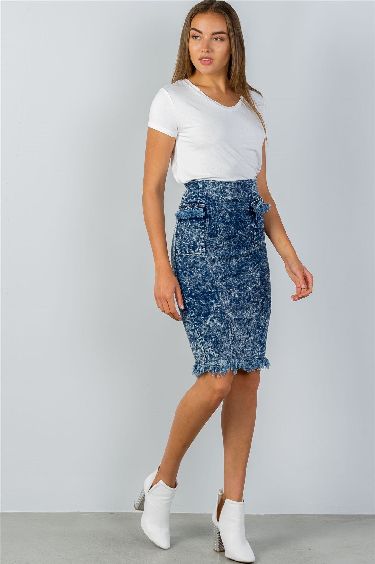 Ladies fashion acid wash frayed hem high waist pencil denim skirt