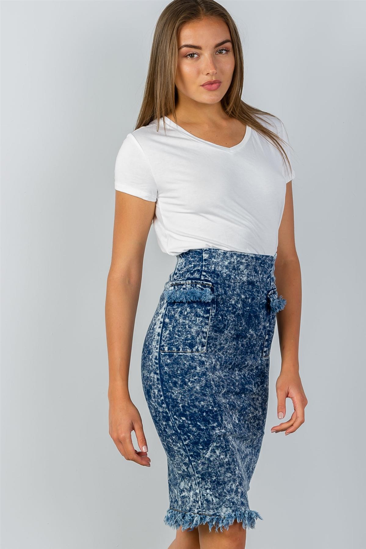 Ladies fashion acid wash frayed hem high waist pencil denim skirt