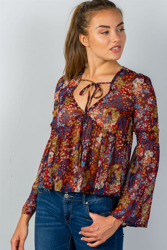 Ladies fashion burgundy sheer plunging babydoll top