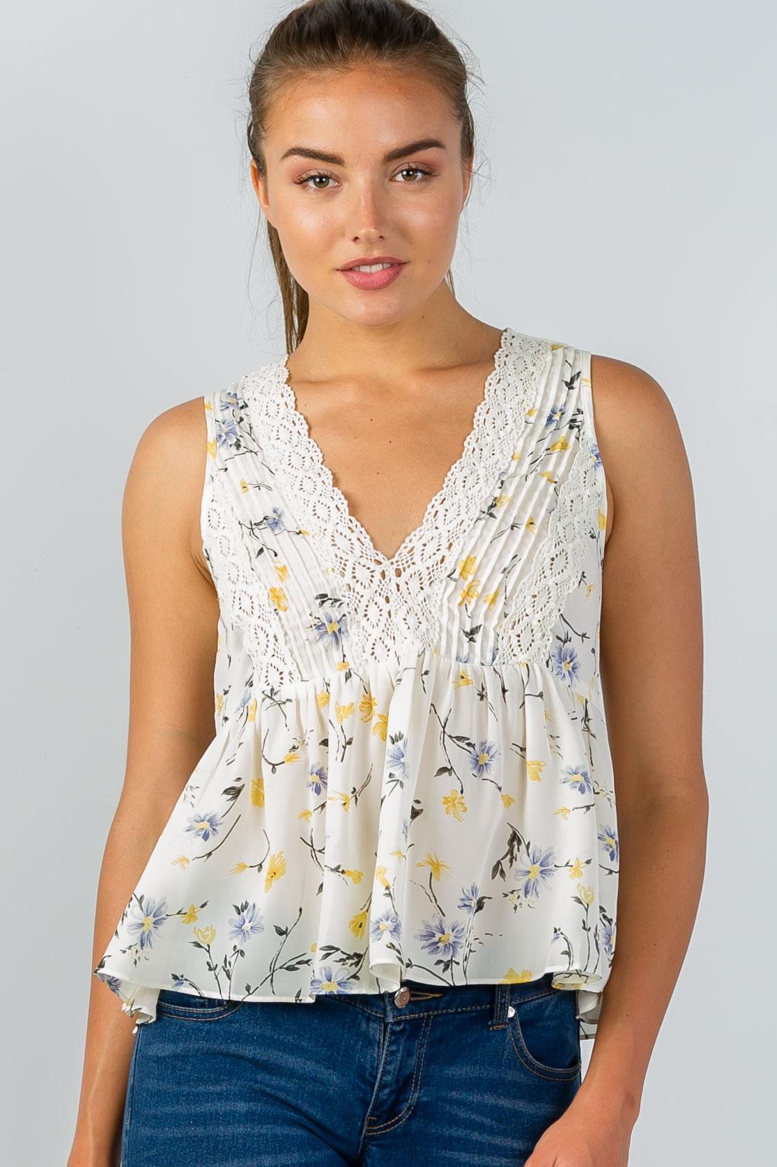 Ladies fashion floral print crochet babydoll v-neck tank top