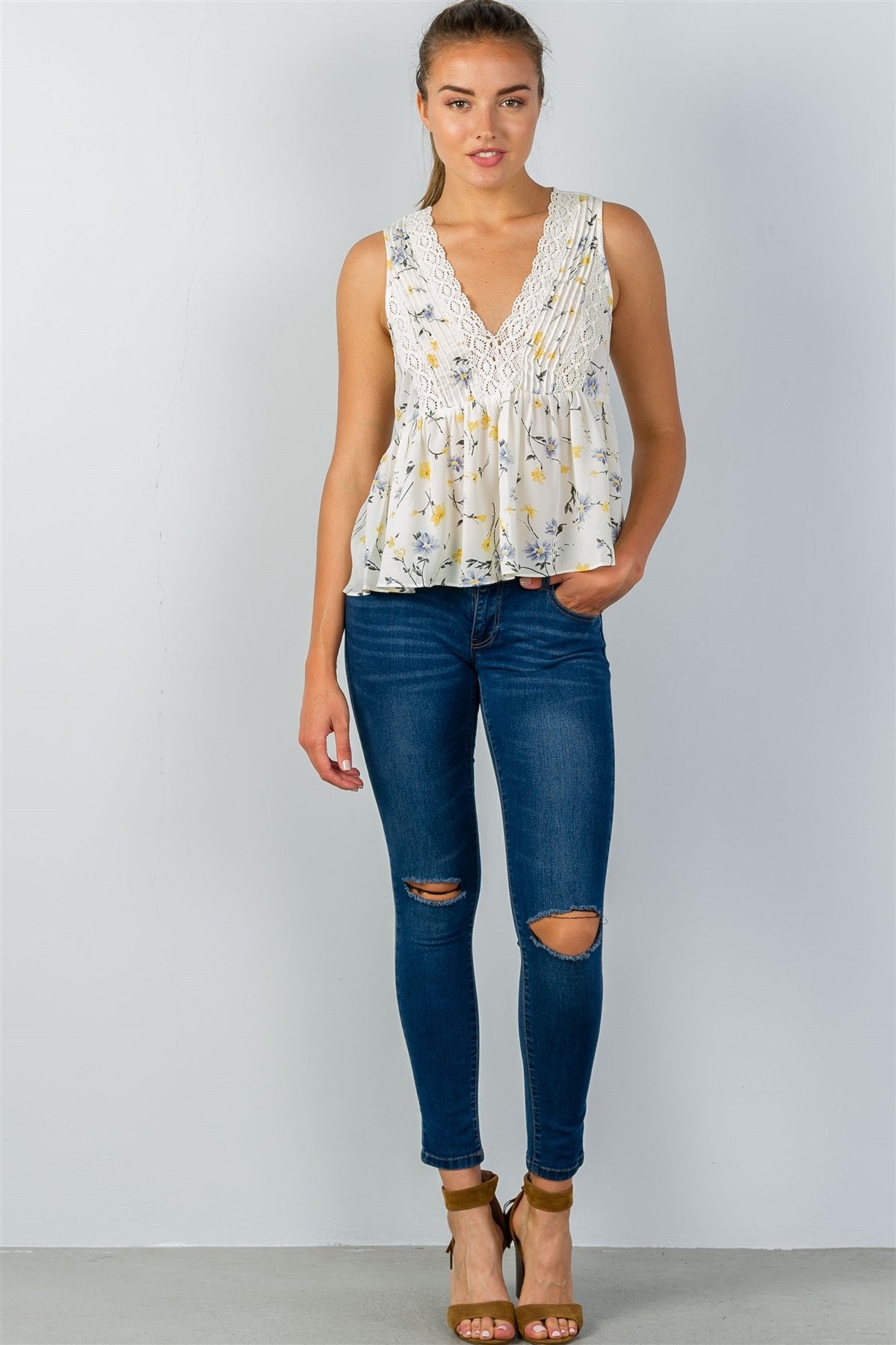 Ladies fashion floral print crochet babydoll v-neck tank top