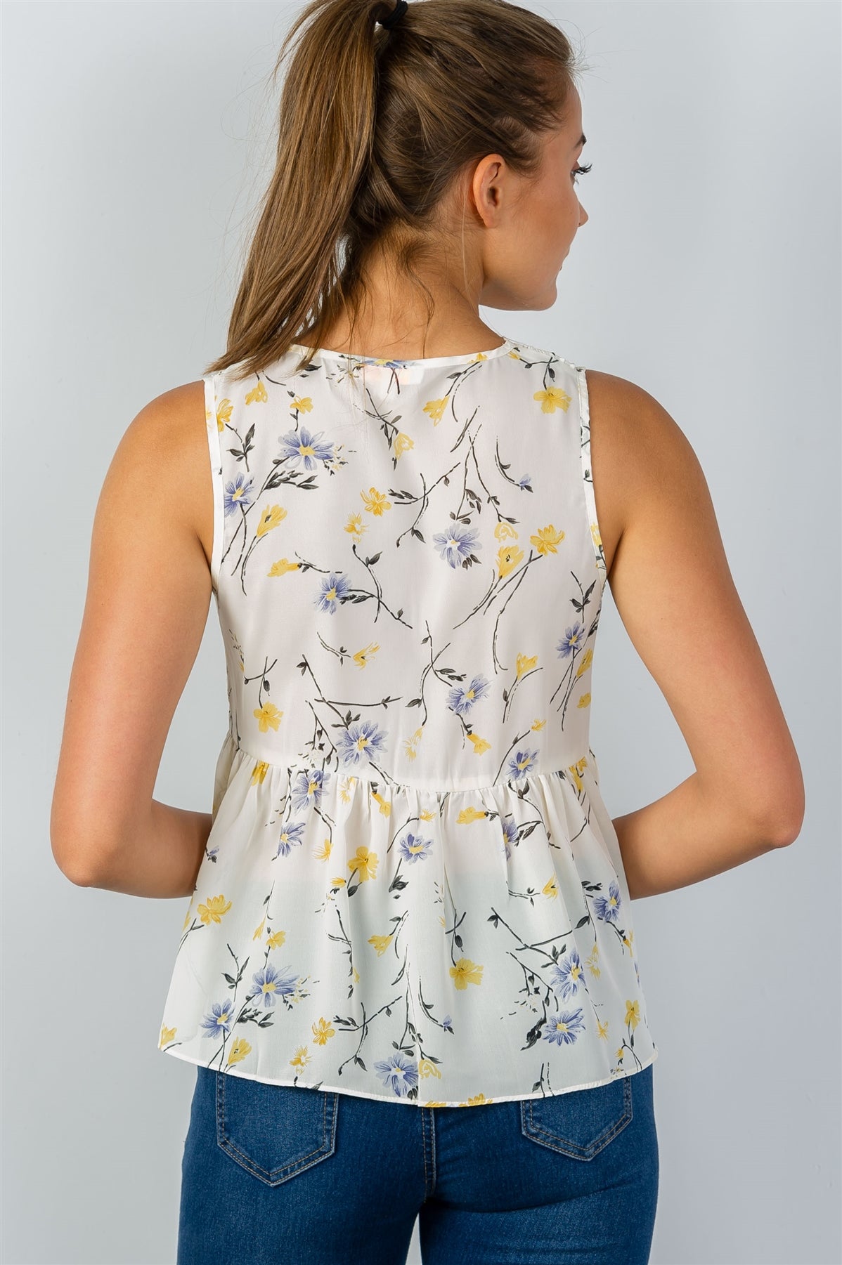 Ladies fashion floral print crochet babydoll v-neck tank top