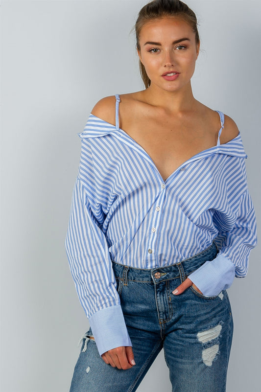 Ladies fashion sky blue stripe print convertible cold-shoulder shirt