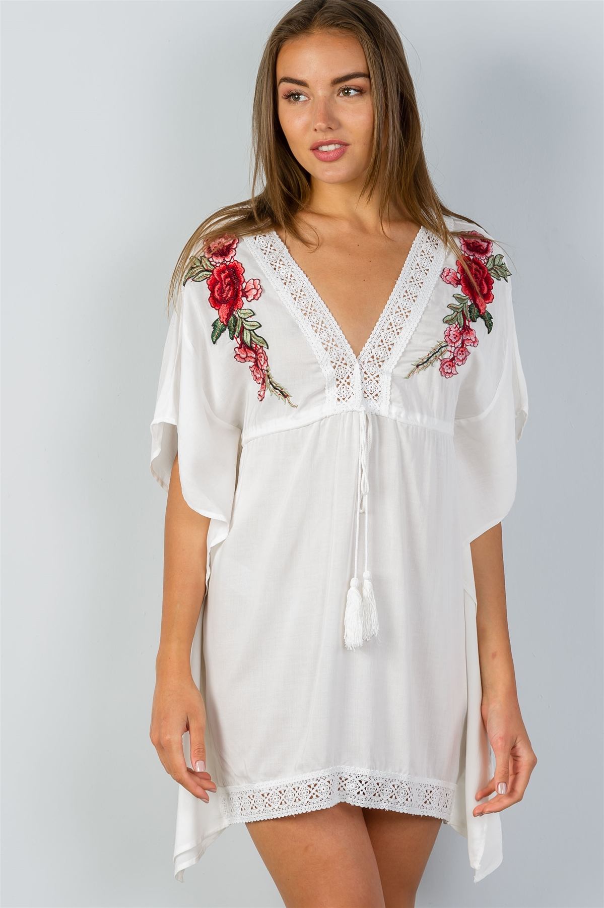 Ladies fashion  floral embroidered kaftan tunic mini dress