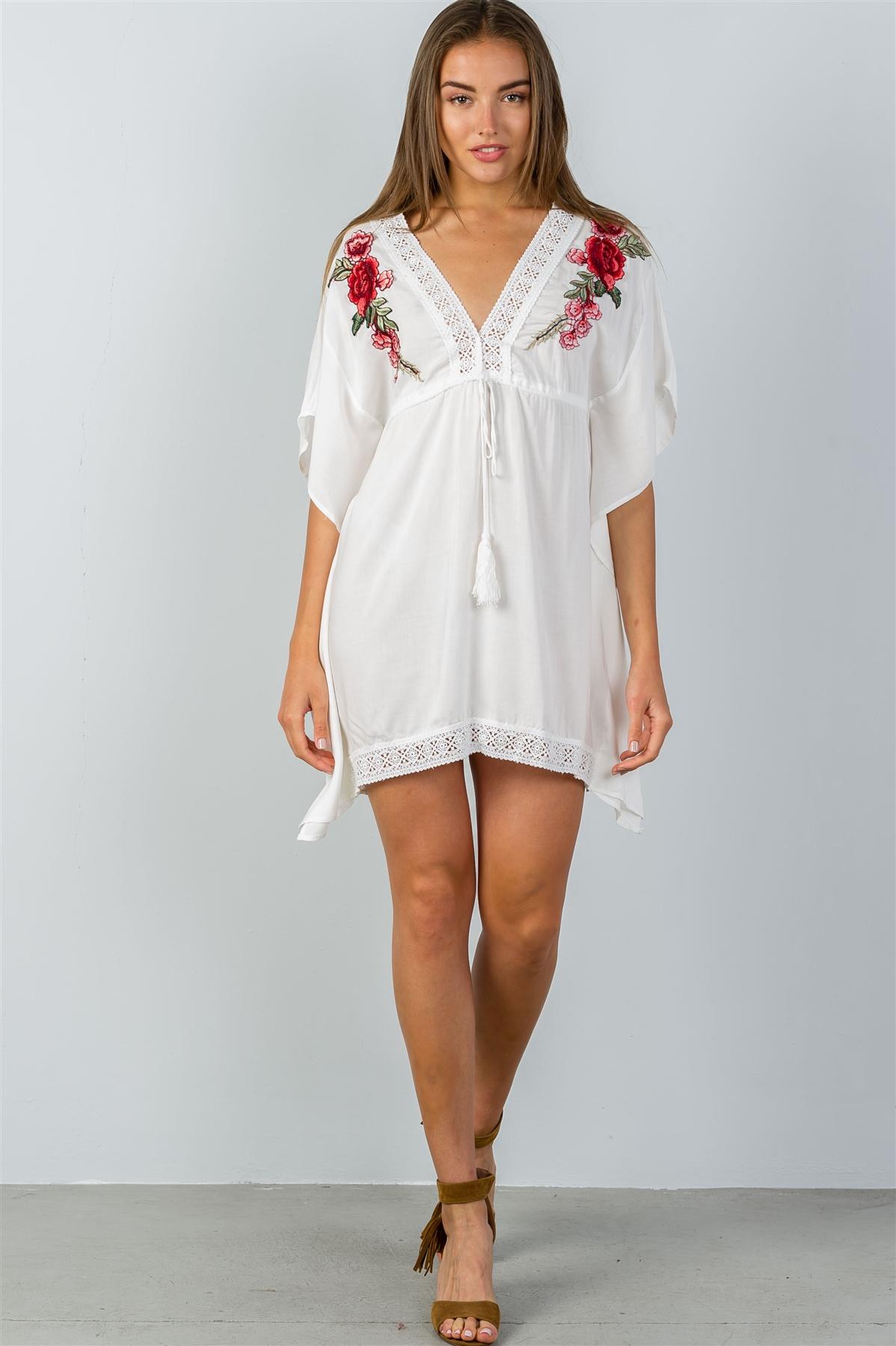 Ladies fashion  floral embroidered kaftan tunic mini dress