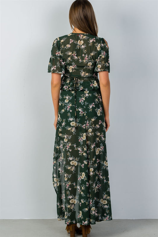 Ladies fashion green & floral print wrap ruffle tie front blouse