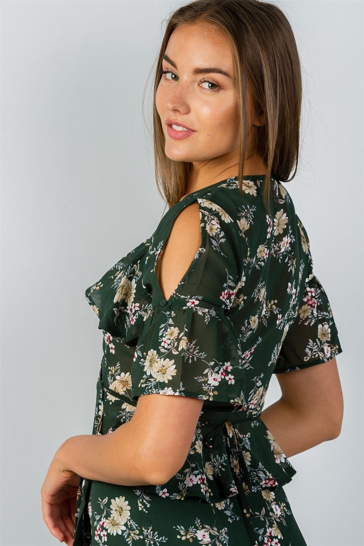 Ladies fashion green & floral print wrap ruffle tie front blouse