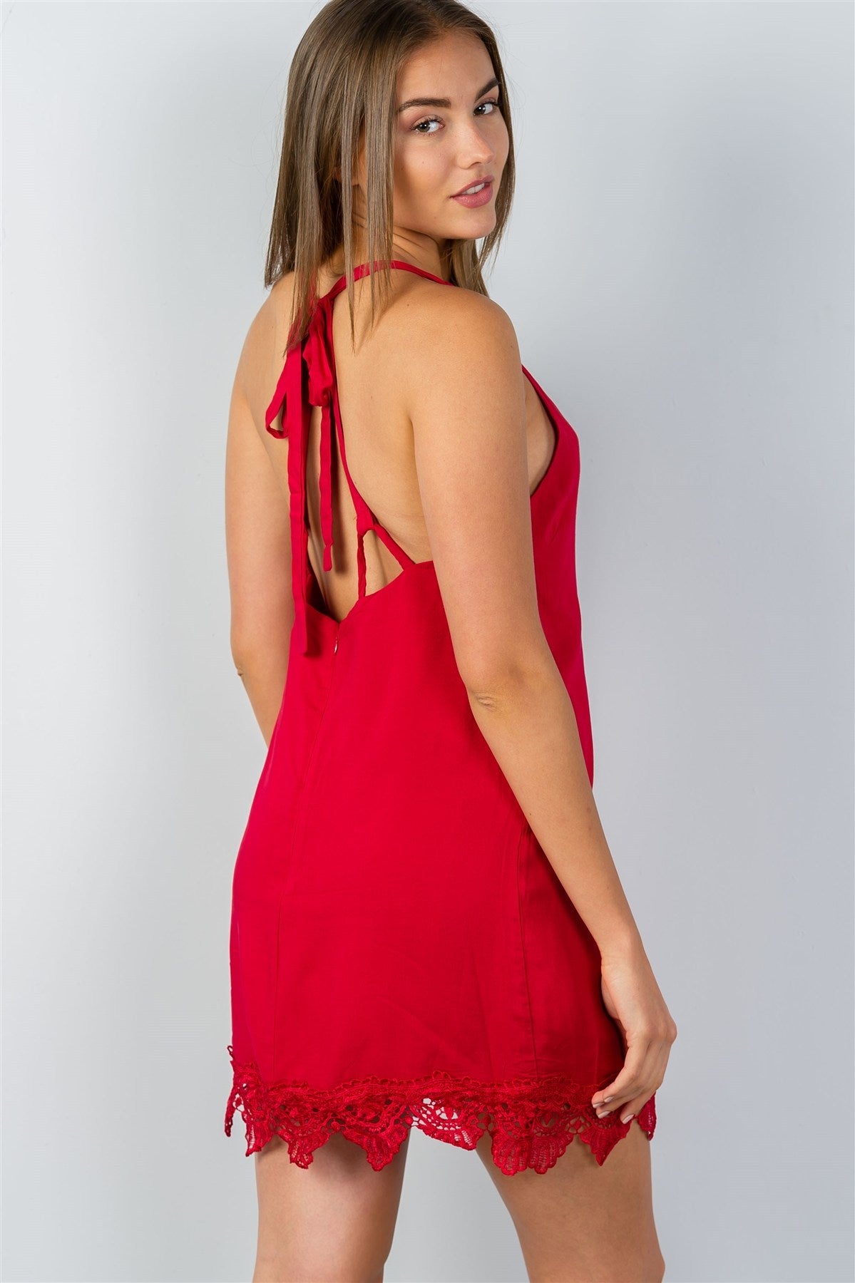 Ladies fashion low back crochet hem loose mini dress