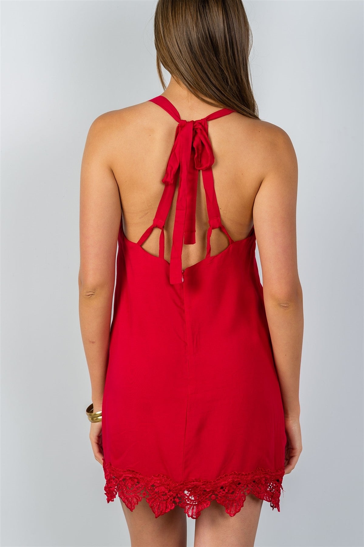 Ladies fashion low back crochet hem loose mini dress