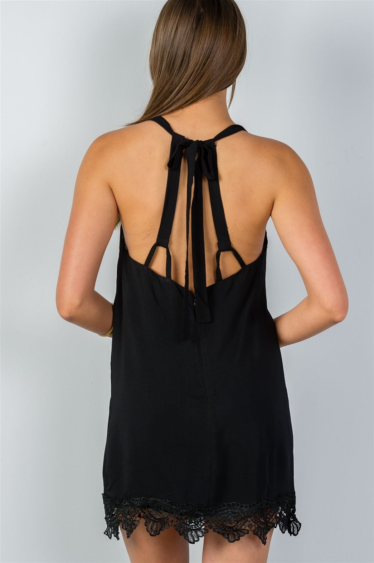 Ladies fashion low back crochet hem loose mini dress