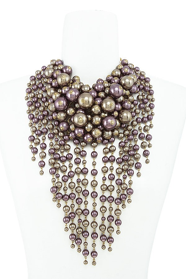 Clustered faux pearl chunky fringe necklace set
