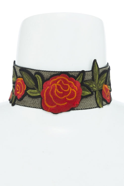 Rose embroidered choker necklace